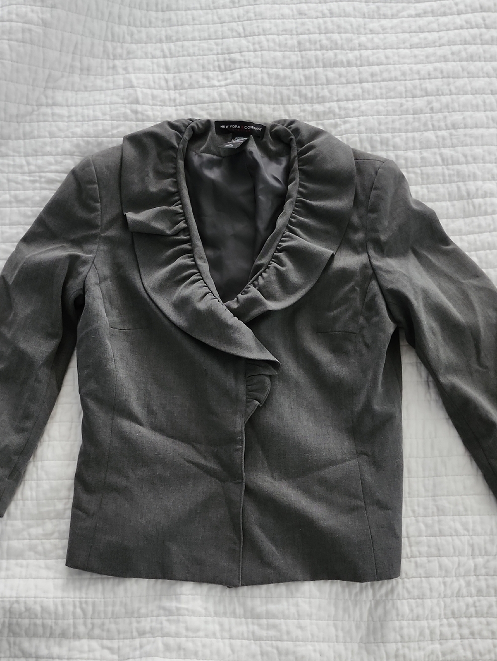 New York And Company Gray Womens Blazer With Ruffle Collar